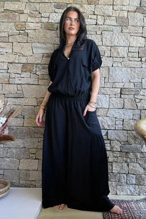 Basso Button Drape Cap Sleeve Shirt Black